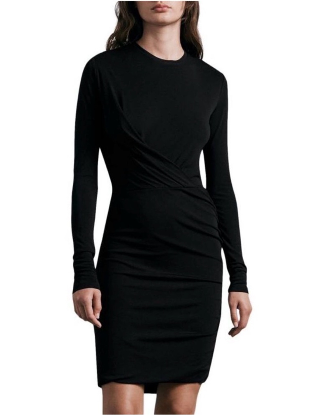 Rag & Bone Black Holly Drape Mini Dress | Long-Sleeve Ruched Sheath